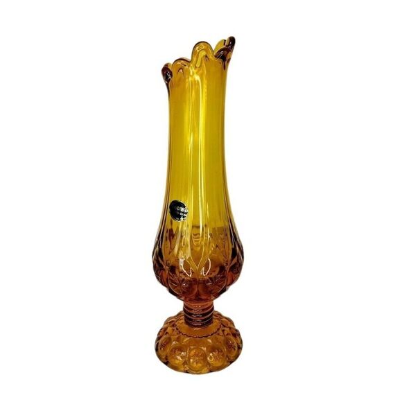 Vintage MCM Amber Celestial Stars Moon Stretch Swung Slag Kanawha Pedestal Vase - Picture 2 of 8